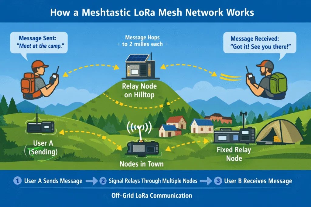 Diagram of how a mesh network relays messages between nodes