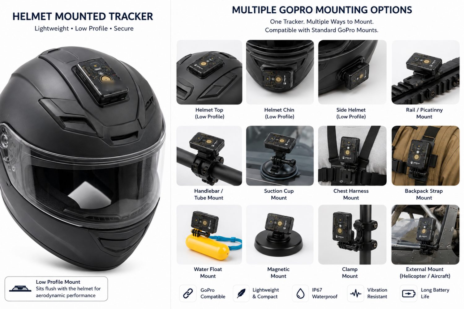 Chart showing a helmet-mounted tracker and twelve mounting configurations, all using standard GoPro mounts